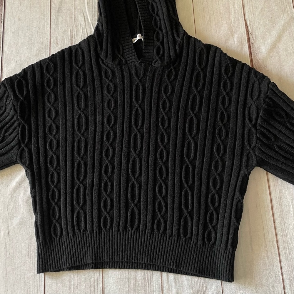 Cloth by Design Cozy Cable Knit Sweater Hoodie Womens L Black Cropped Super Soft - Picture 2 of 10